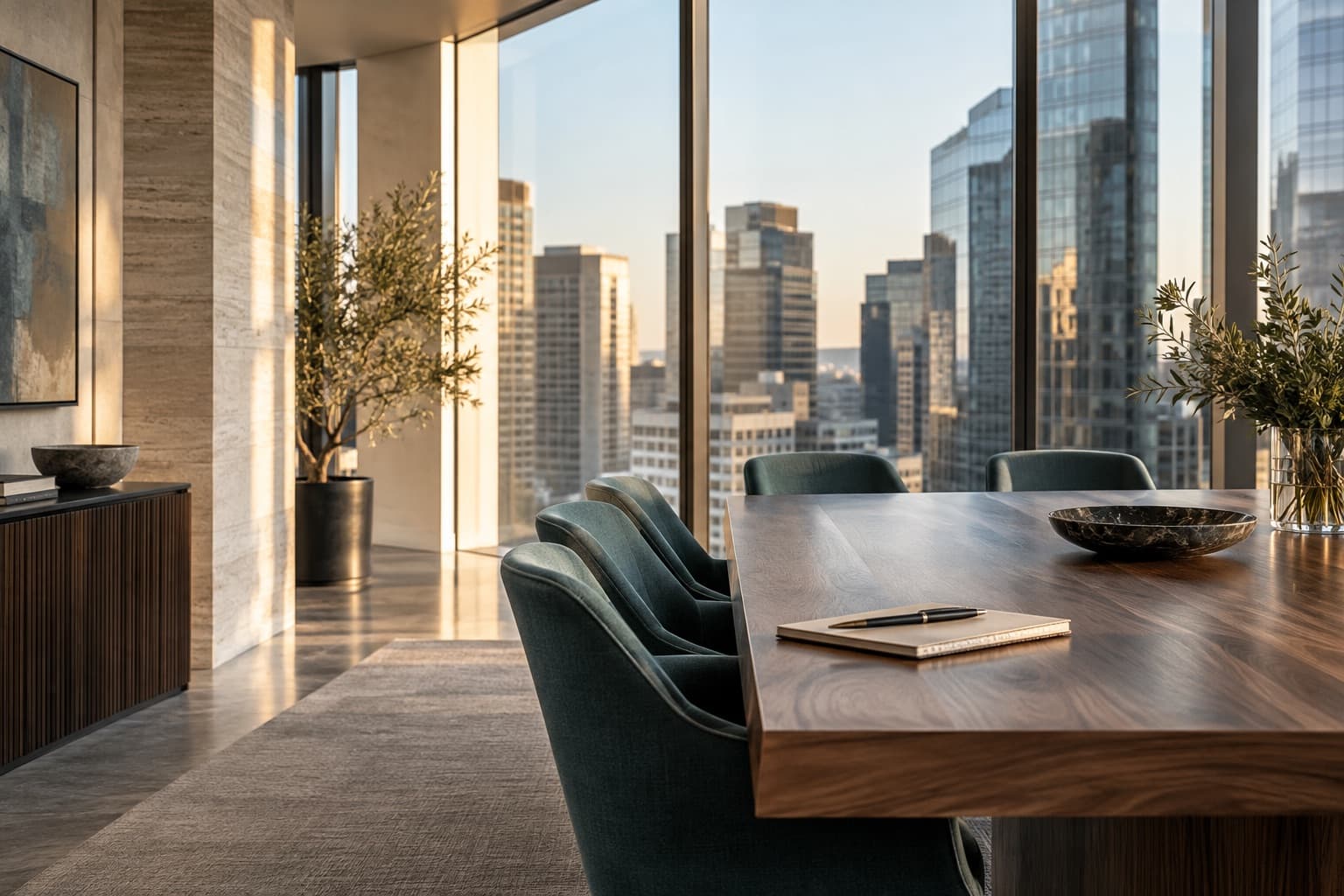 Sunlit conference table with warm wood and teal chairs